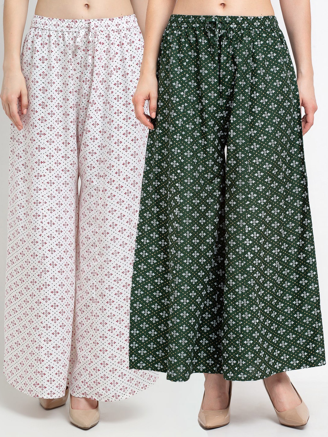 

GRACIT Women Pack of 2 White & Green Ethnic Motifs Printed Knitted Palazzos