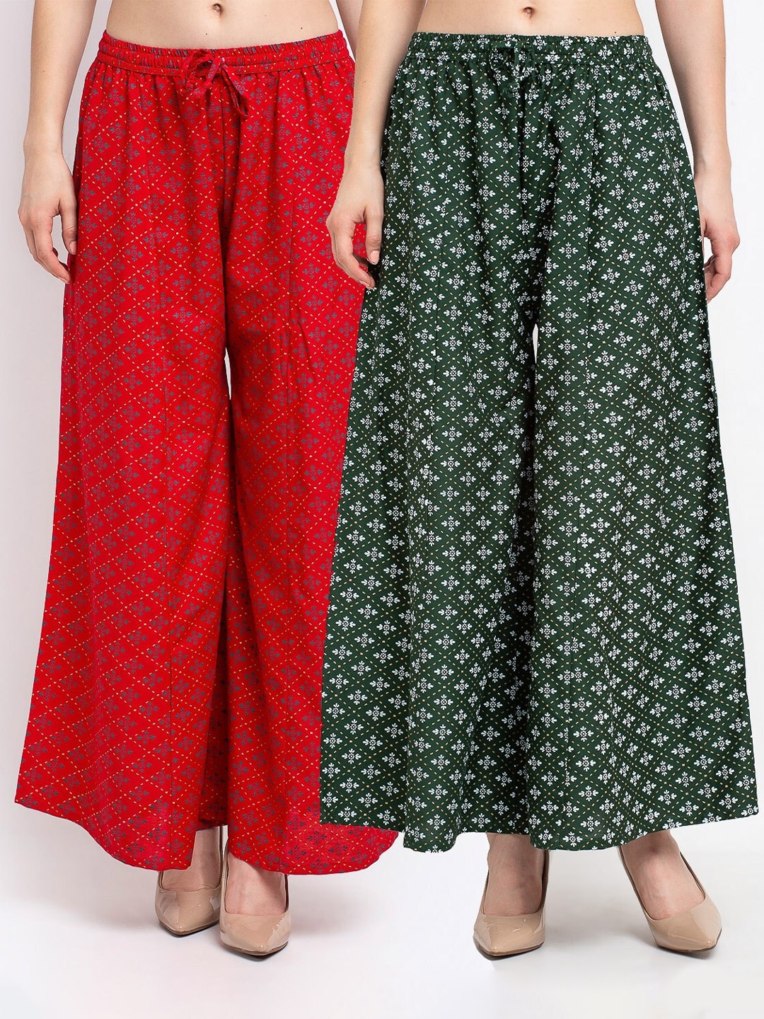 

GRACIT Women Red & Green Set Of 2 Printed Knitted Palazzos
