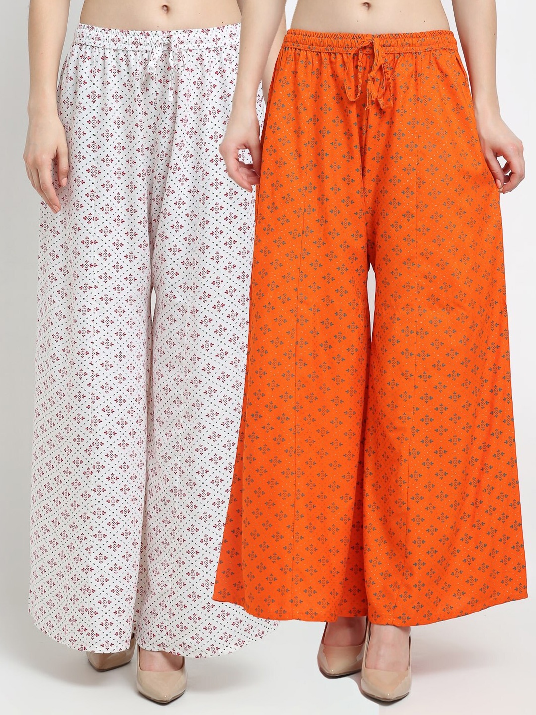 

GRACIT Women Pack Of 2 White & Orange Floral Printed Knitted Palazzos