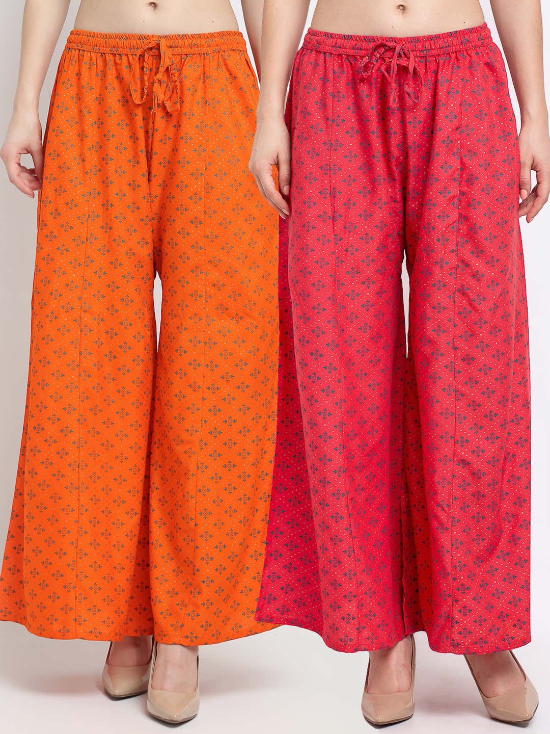 

GRACIT Women Pack Of 2 Orange & Pink Floral Printed Knitted Palazzos