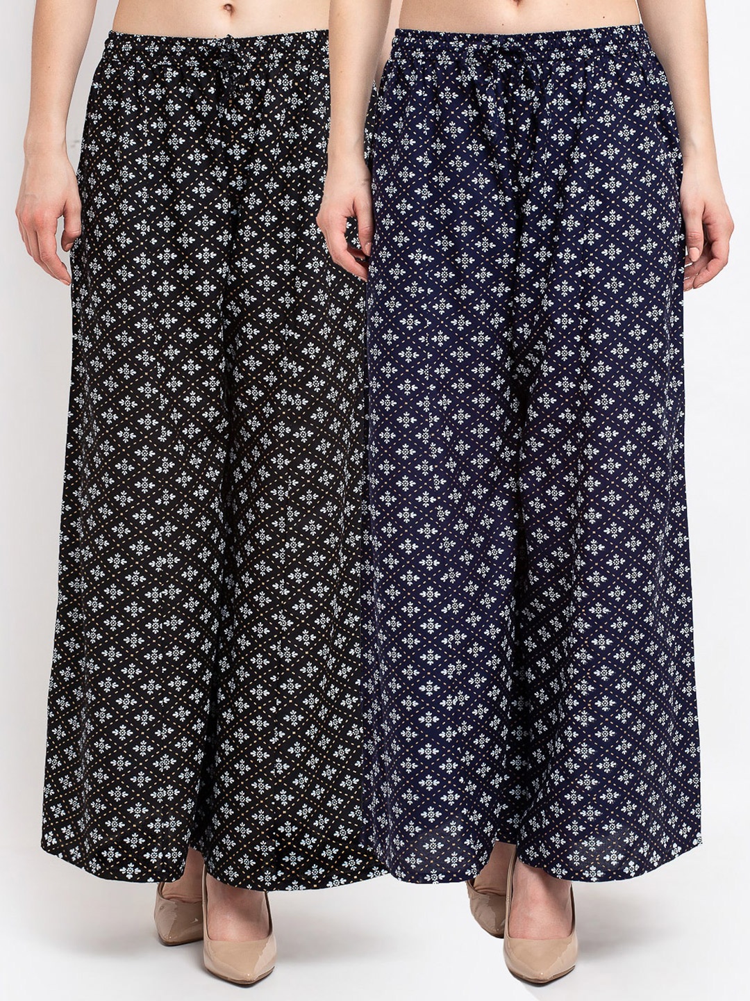 

GRACIT Set-2 Women Black & Blue Floral Printed Knitted Palazzos