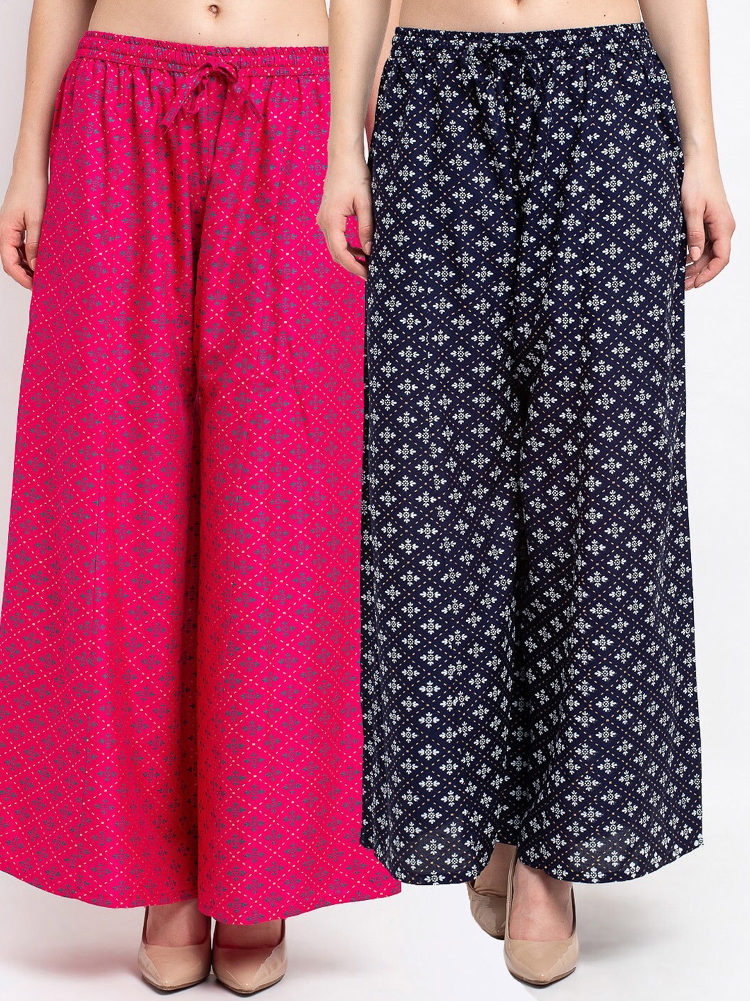 

GRACIT Women Pink & Navy Blue Set Of 2 Printed Knitted Palazzos