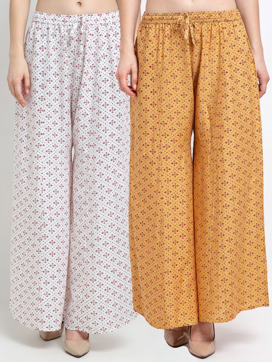 

GRACIT Women Pack Of 2 White & Beige Floral Printed Knitted Palazzos