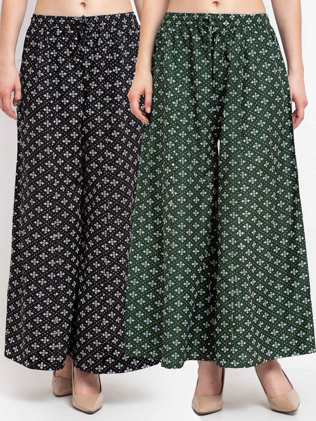 

GRACIT Women Pack Of 2 Black & Green Floral Printed Knitted Palazzos