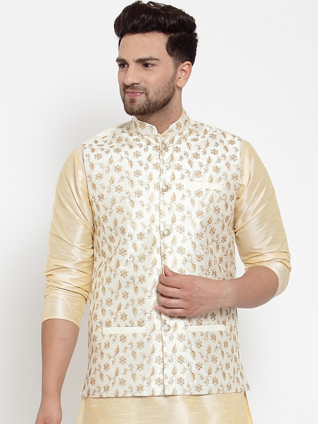 

KRAFT INDIA Men Cream-Coloured & Gold-Coloured Woven Embroidered Nehru Jacket
