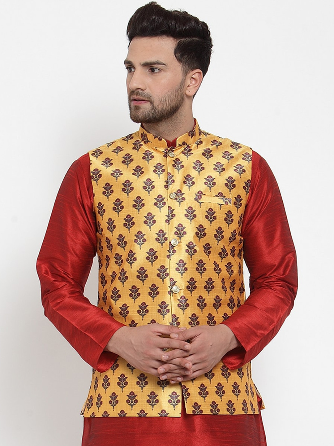 

KRAFT INDIA Men Yellow & Red Floral Woven Design Nehrujacket