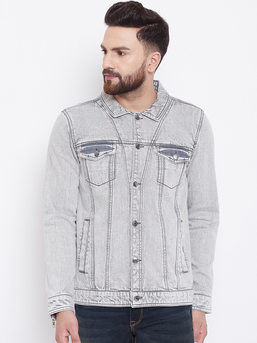 

Canary London Men Grey Washed Colourblocked Denim Jacket with Embroidered