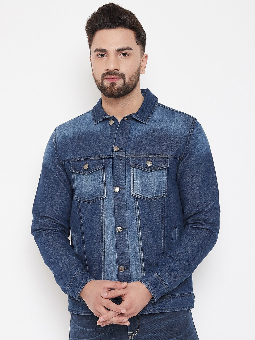 

Canary London Men Blue Washed Denim Jacket with Patchwork