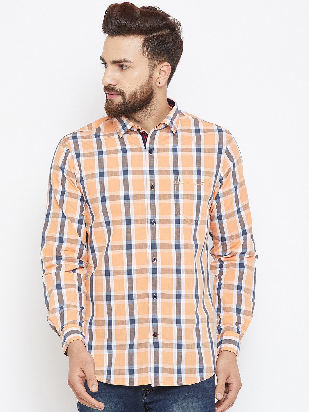 

Canary London Men Orange & Blue Smart Slim Fit Opaque Checked Casual Shirt