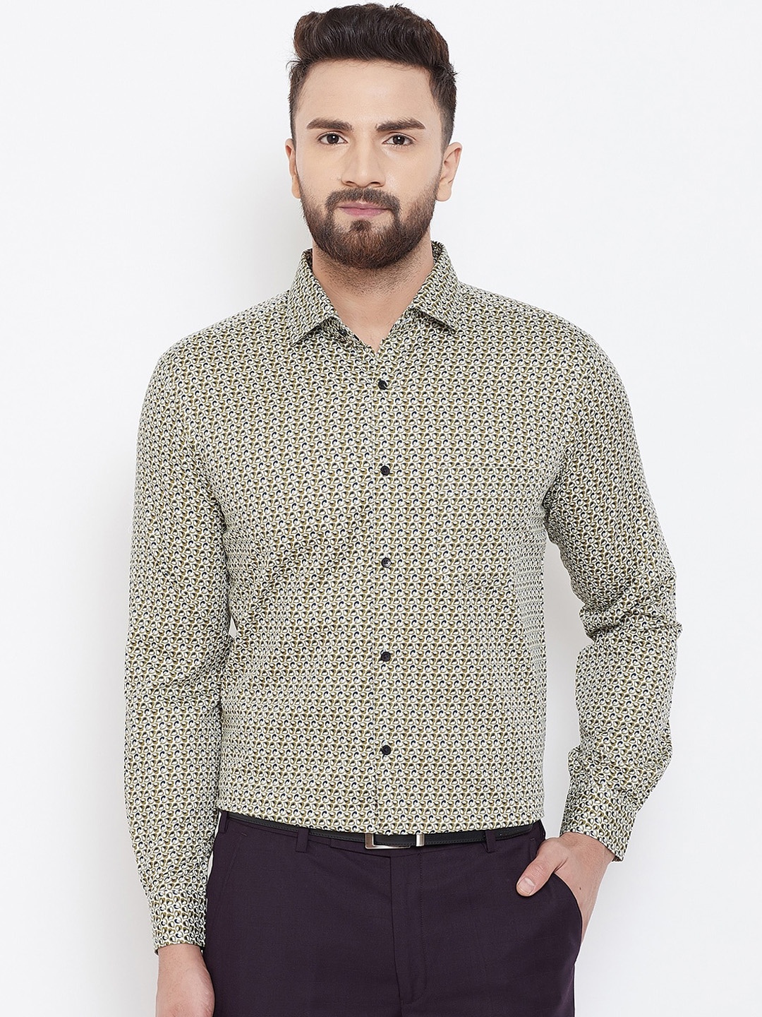 

Canary London Men Olive Green Smart Slim Fit Opaque Printed Formal Shirt