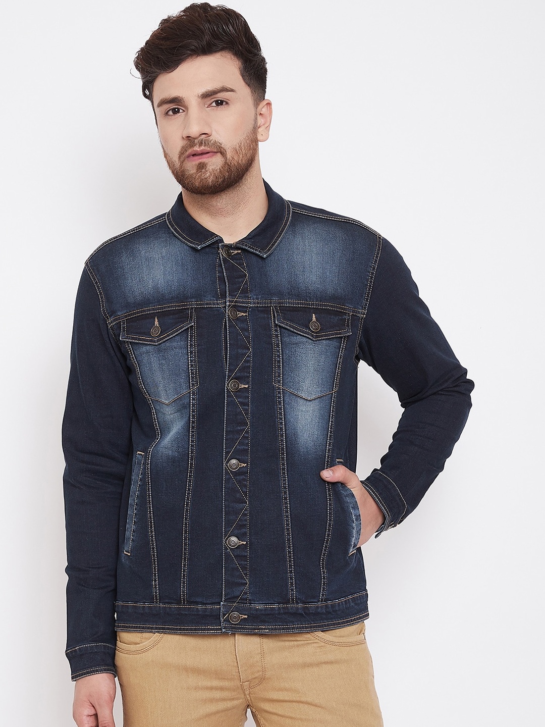 

Canary London Men Blue Washed Denim Jacket with Patchwork