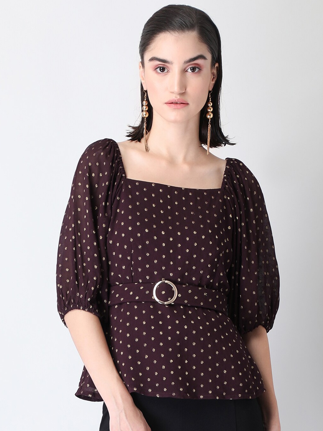 

FabAlley Maroon Polka Dots Printed Satin A-Line Top With Belt