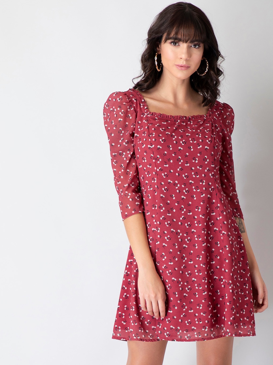 

FabAlley Red Ditsy Floral Puff Sleeves A-Line Dress