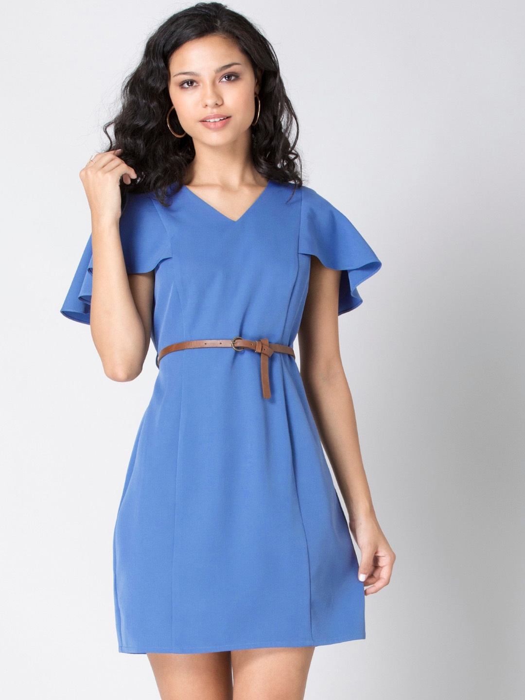 

FabAlley Blue Ruffled Sheath Dress with A Belt