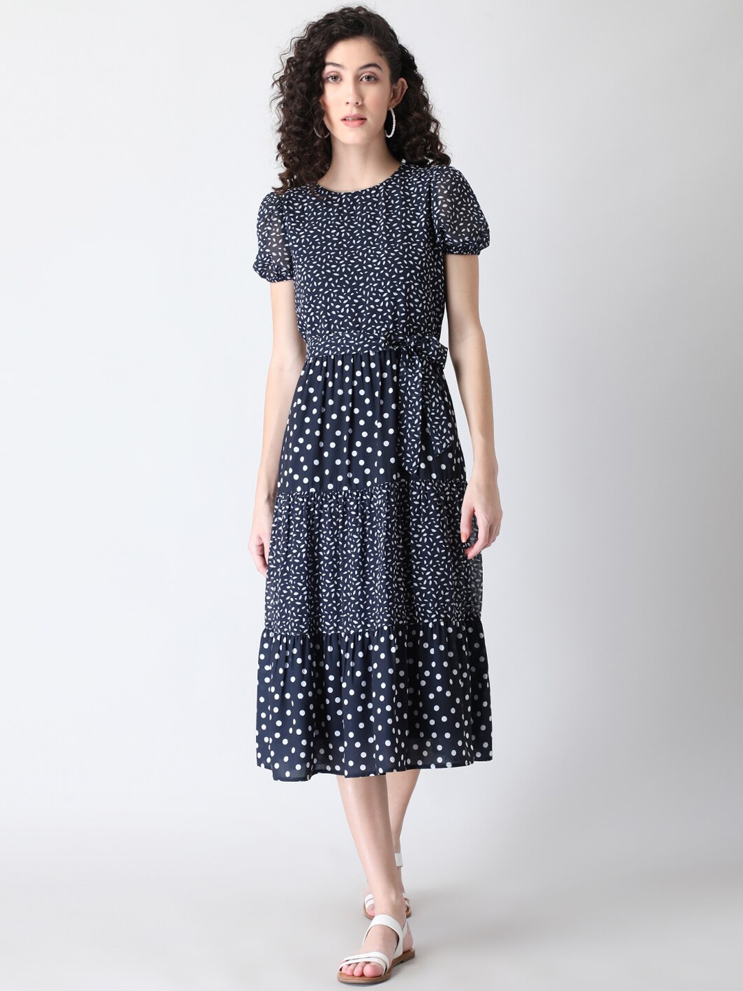 

FabAlley Navy Blue Printed Tiered Dress