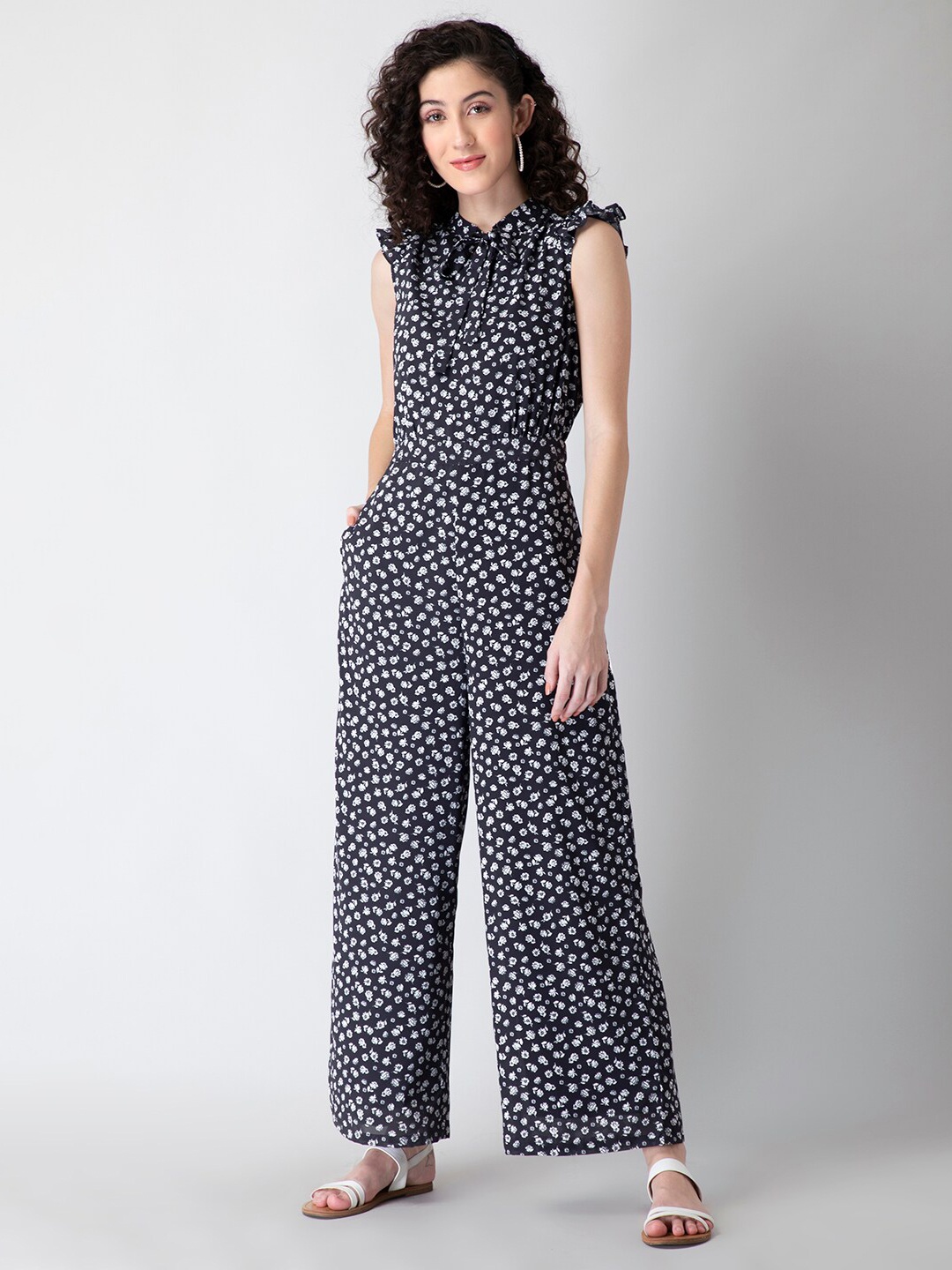 

FabAlley Navy Blue & White Printed Basic Jumpsuit