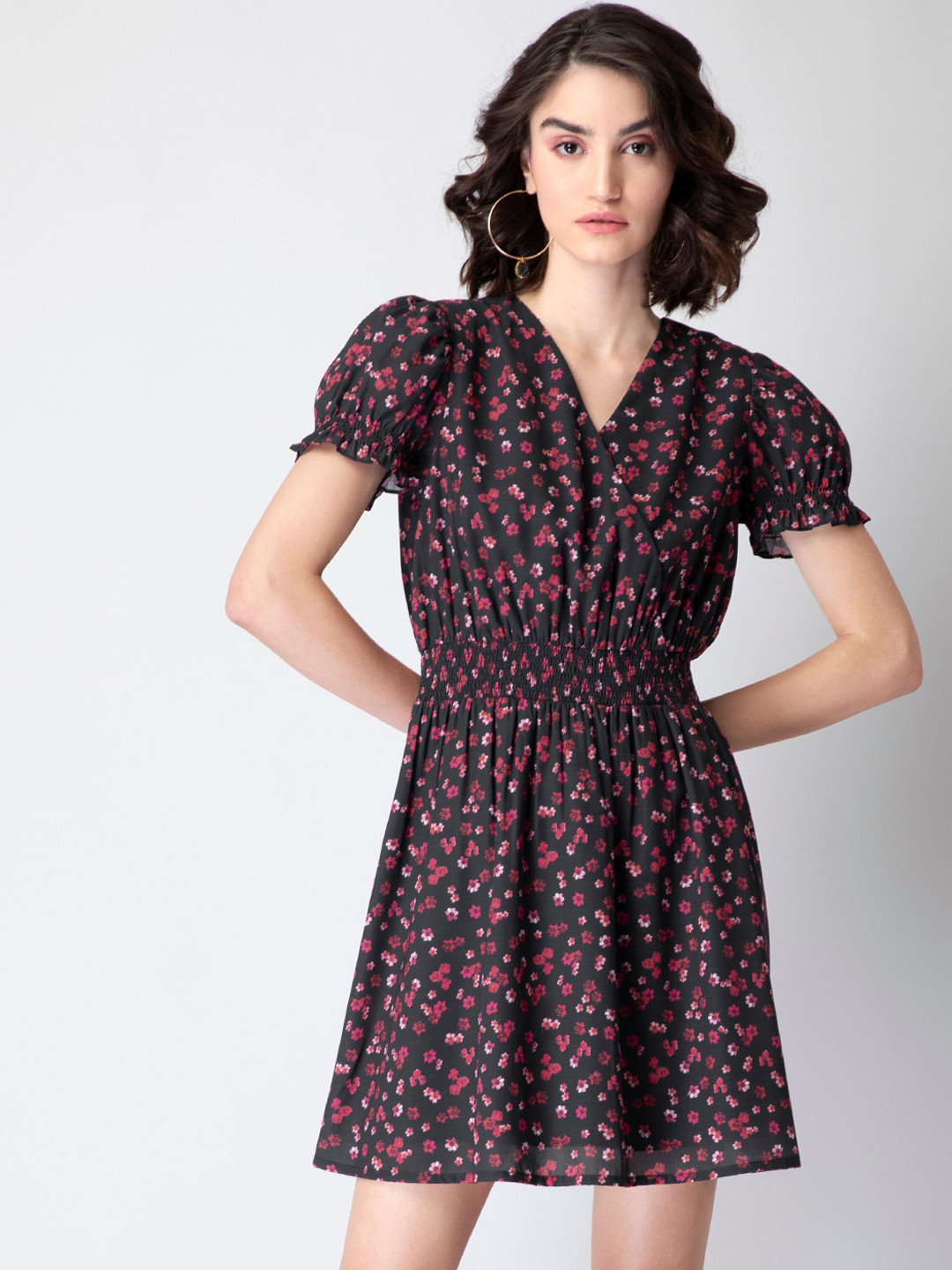 

FabAlley Black Floral Tie-Up Neck Dress