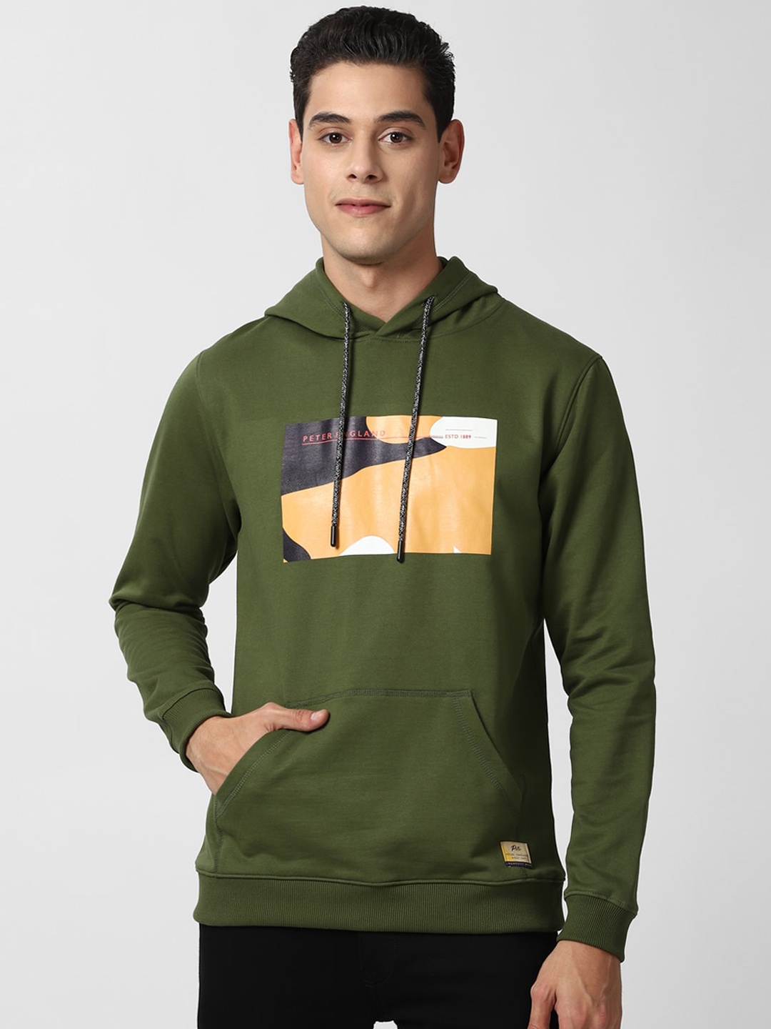 

Peter England Casuals Men Olive Green Printed Hooded Sweatshirt