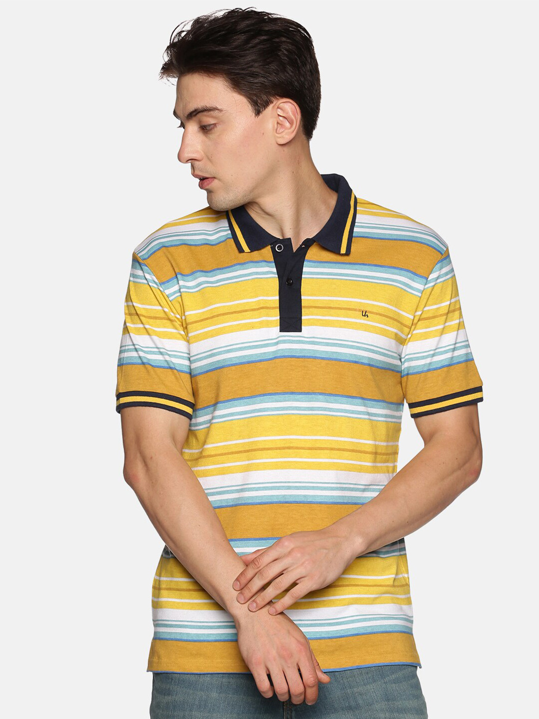 

UrGear Men Yellow Striped Polo Collar Pockets Training or Gym T-shirt