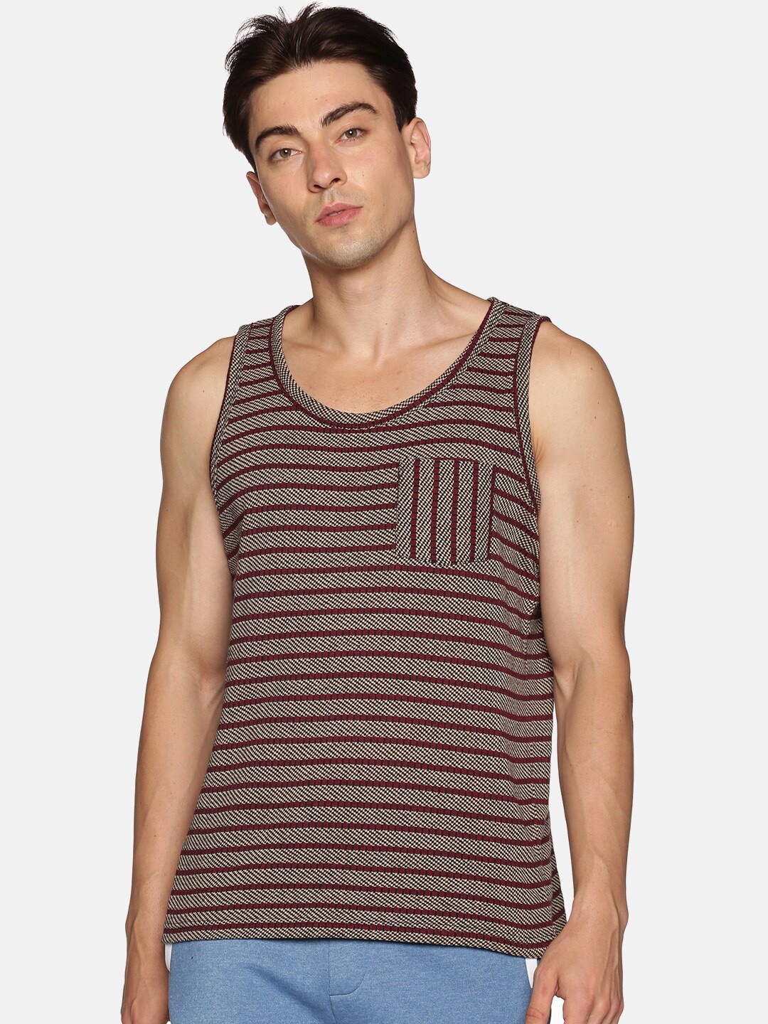 

UrGear Men Beige & Maroon Striped Raw Edge Training or Gym T-shirt