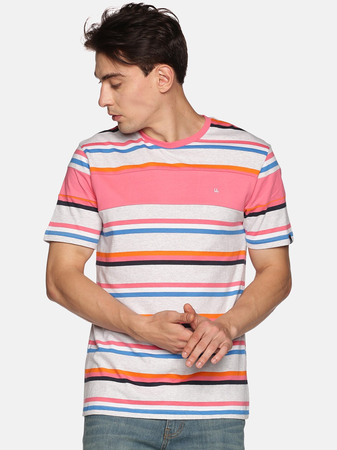 

UrGear Men White & Pink Striped Training or Gym T-shirt