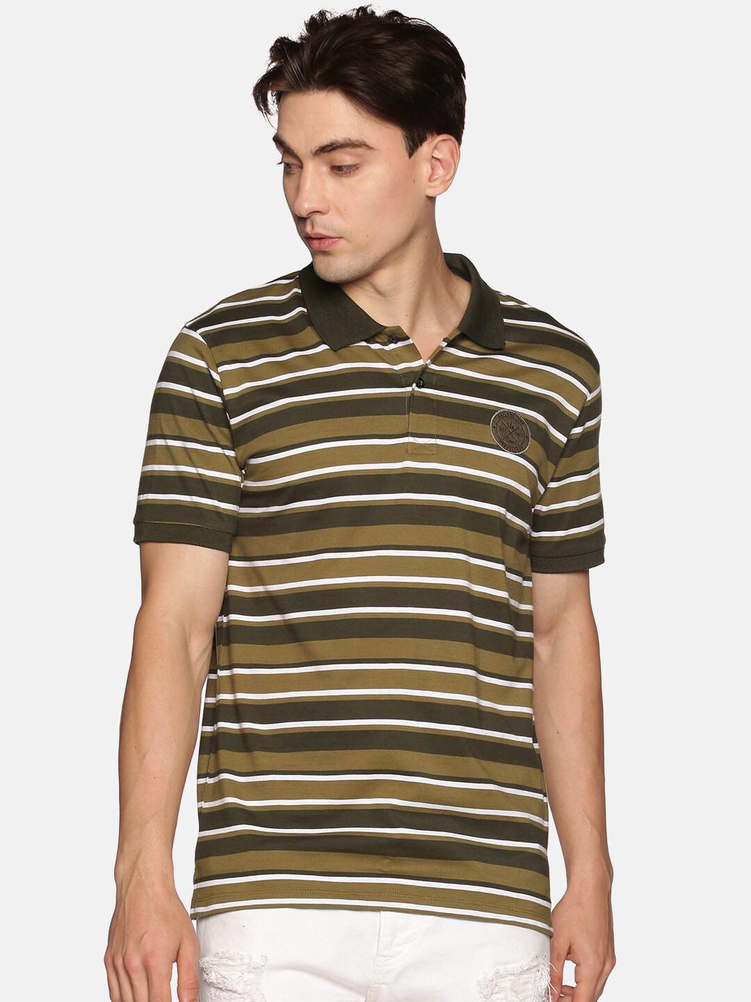 

UrGear Men Green Striped Polo Collar Pockets Training or Gym T-shirt