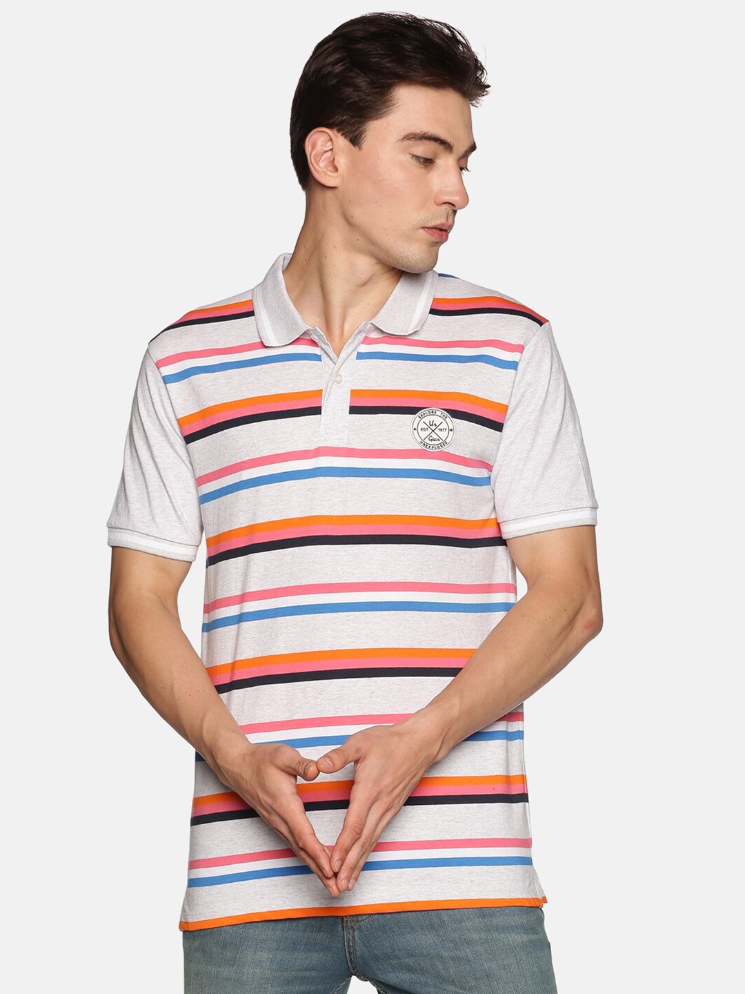 

UrGear Men Multicoloured Striped Polo Collar T-shirt, Multi