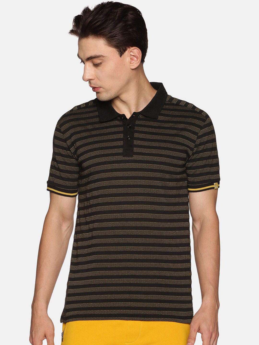 

UrGear Men Black & Yellow Striped Cotton Polo Collar T-shirt