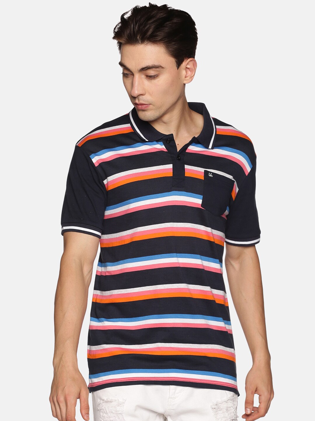 

UrGear Men Navy Blue Striped Cotton Polo Collar T-shirt