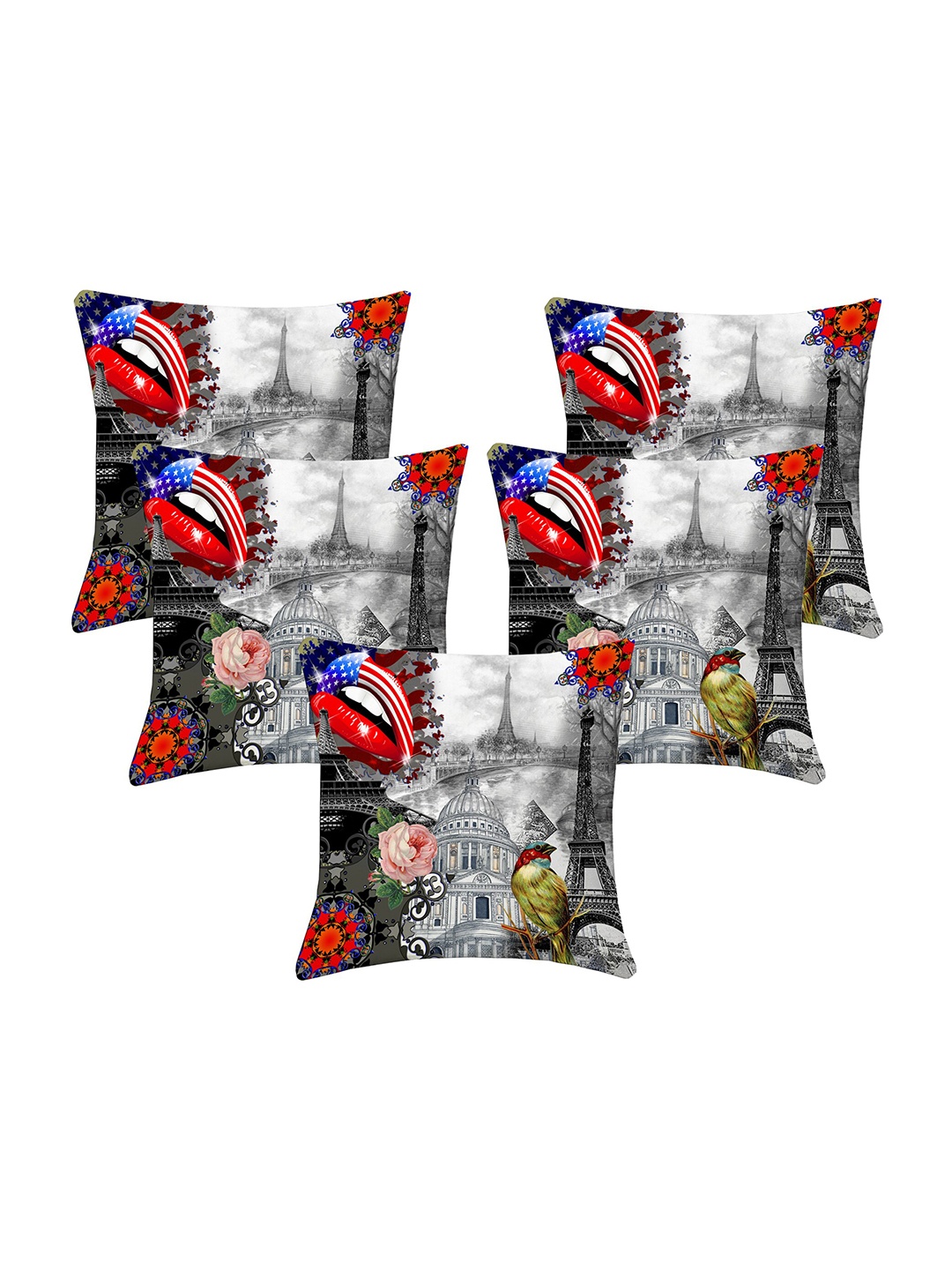 

Lushomes Set of 5 Grey & Red Square Cushion Covers