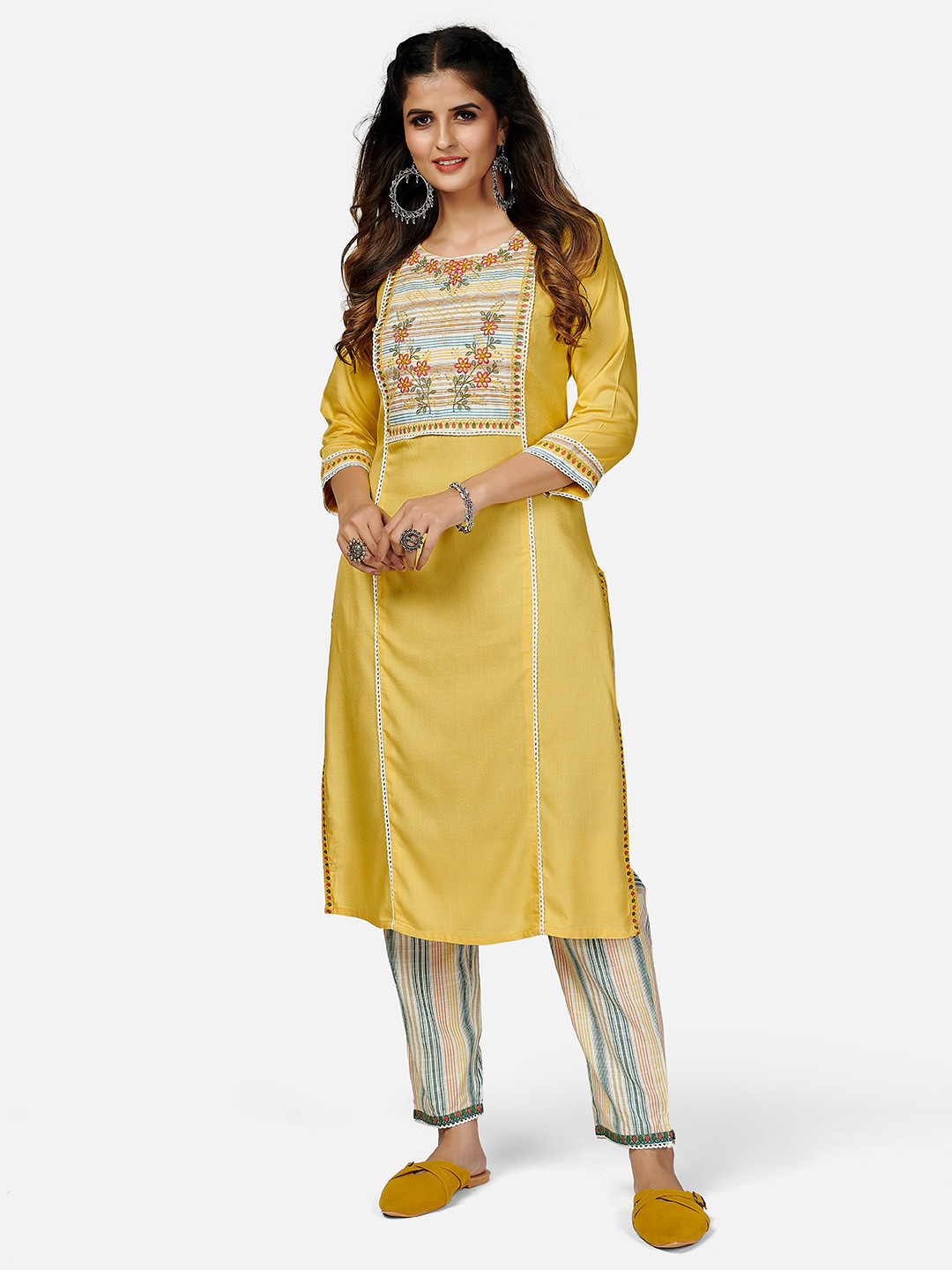 

Vbuyz Women Yellow Floral Yoke Design Regular Pure Cotton Kurta with Trousers