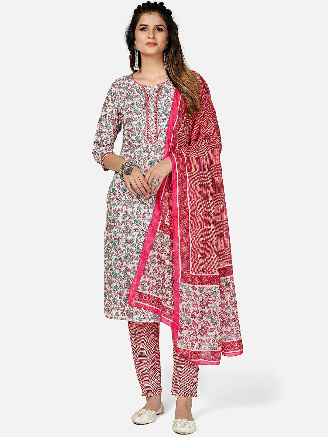 

Vbuyz Women White Floral Printed Pure Cotton Kurta with Trousers & Dupatta