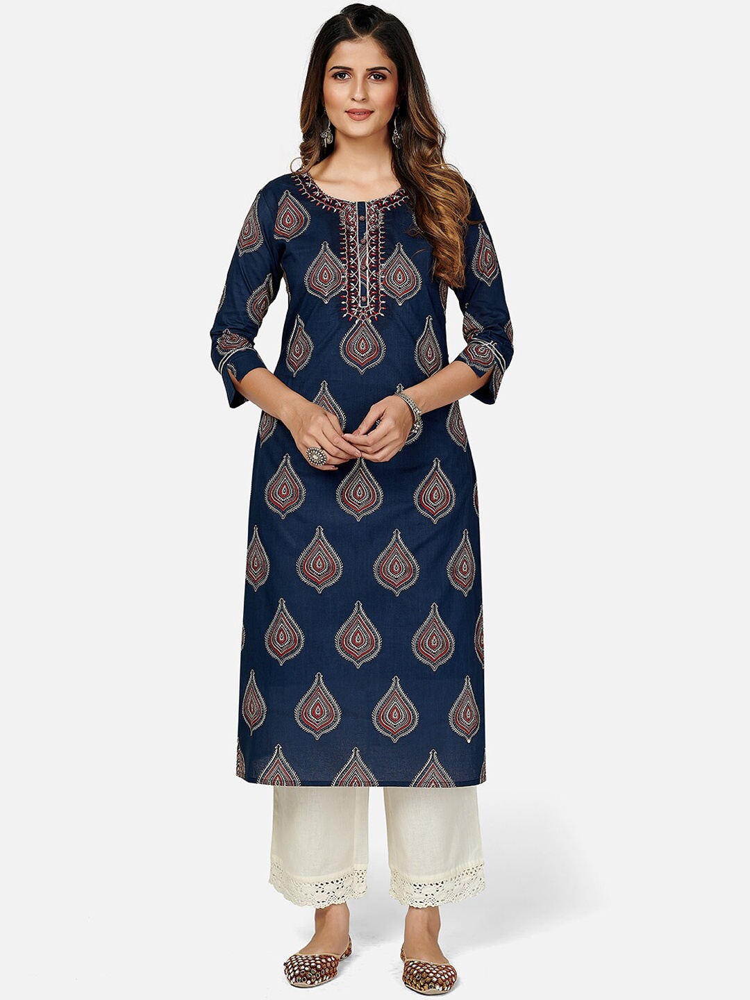 

Vbuyz Women Blue Bandhani Printed Keyhole Neck Mirror Work Kurta