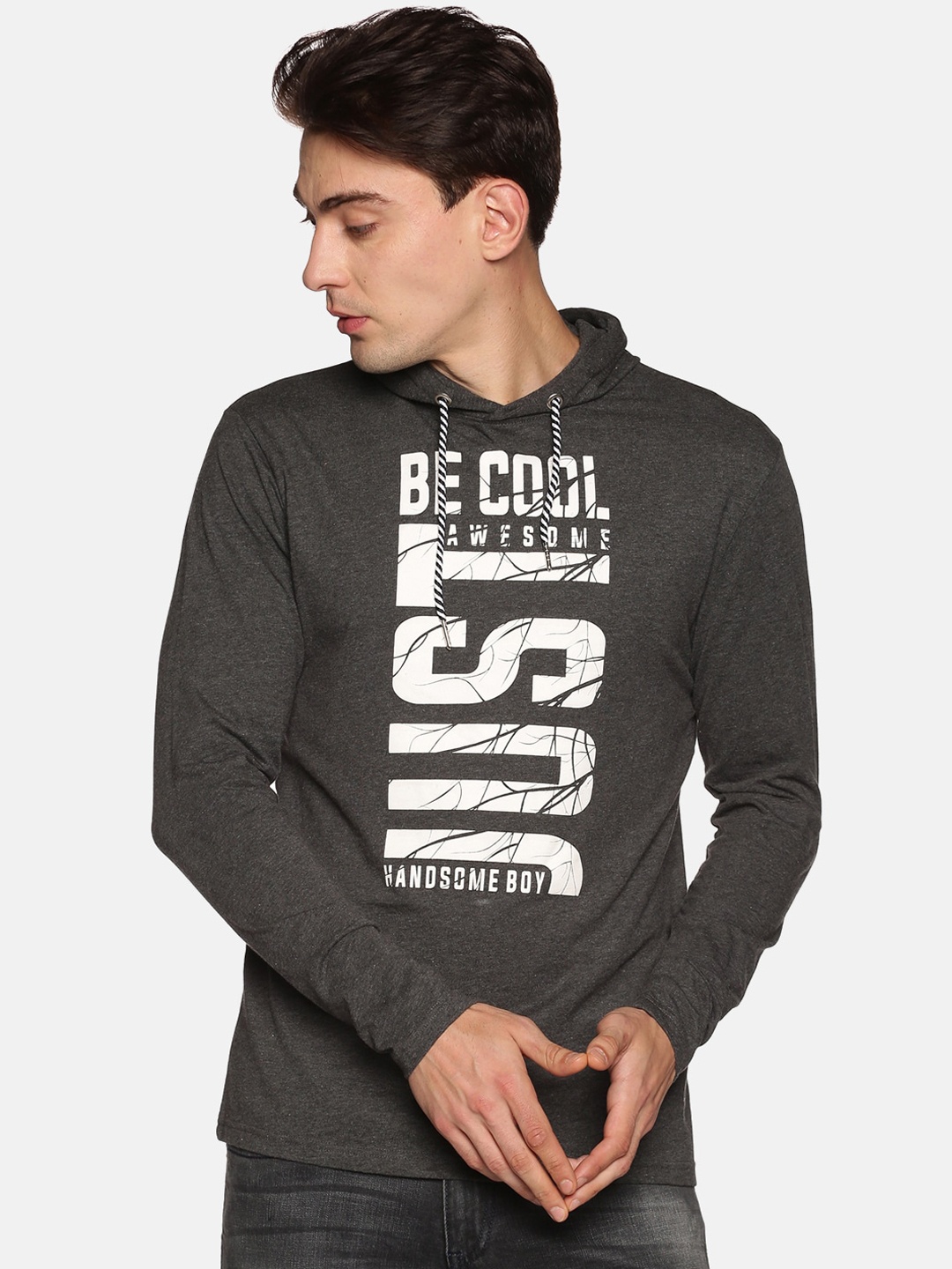 

UrGear Men Grey Melange Printed Hooded Sweatshirt