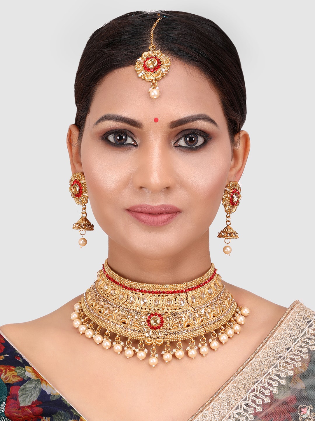 

PENNY JEWELS Red & Gold Toned Gold Plated Bridal Kundan Studded Choker Set