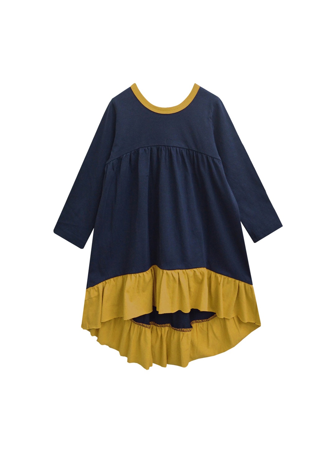 

A T U N Girls Navy Blue & Mustard Yellow Colourblocked High-Low Dress