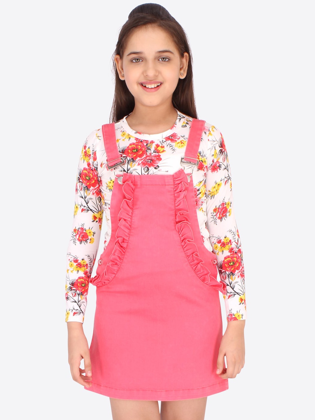 

CUTECUMBER Coral & White Denim Pinafore Dress With T-shirt