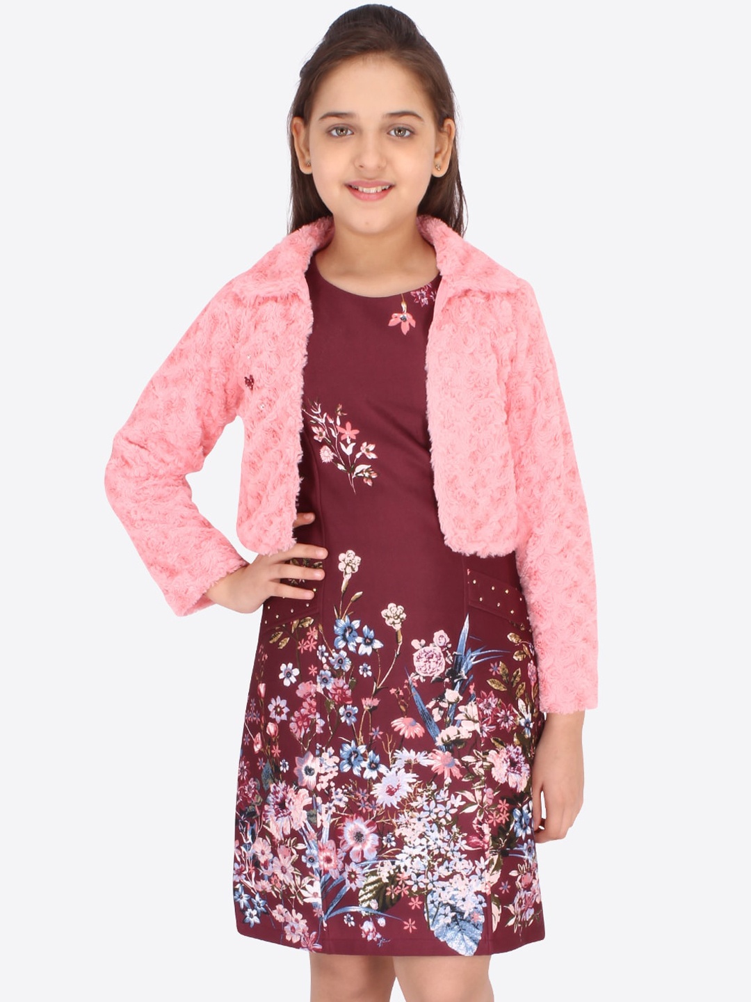 

CUTECUMBER Girls Maroon Floral A-Line Dress with Open Front Shrug