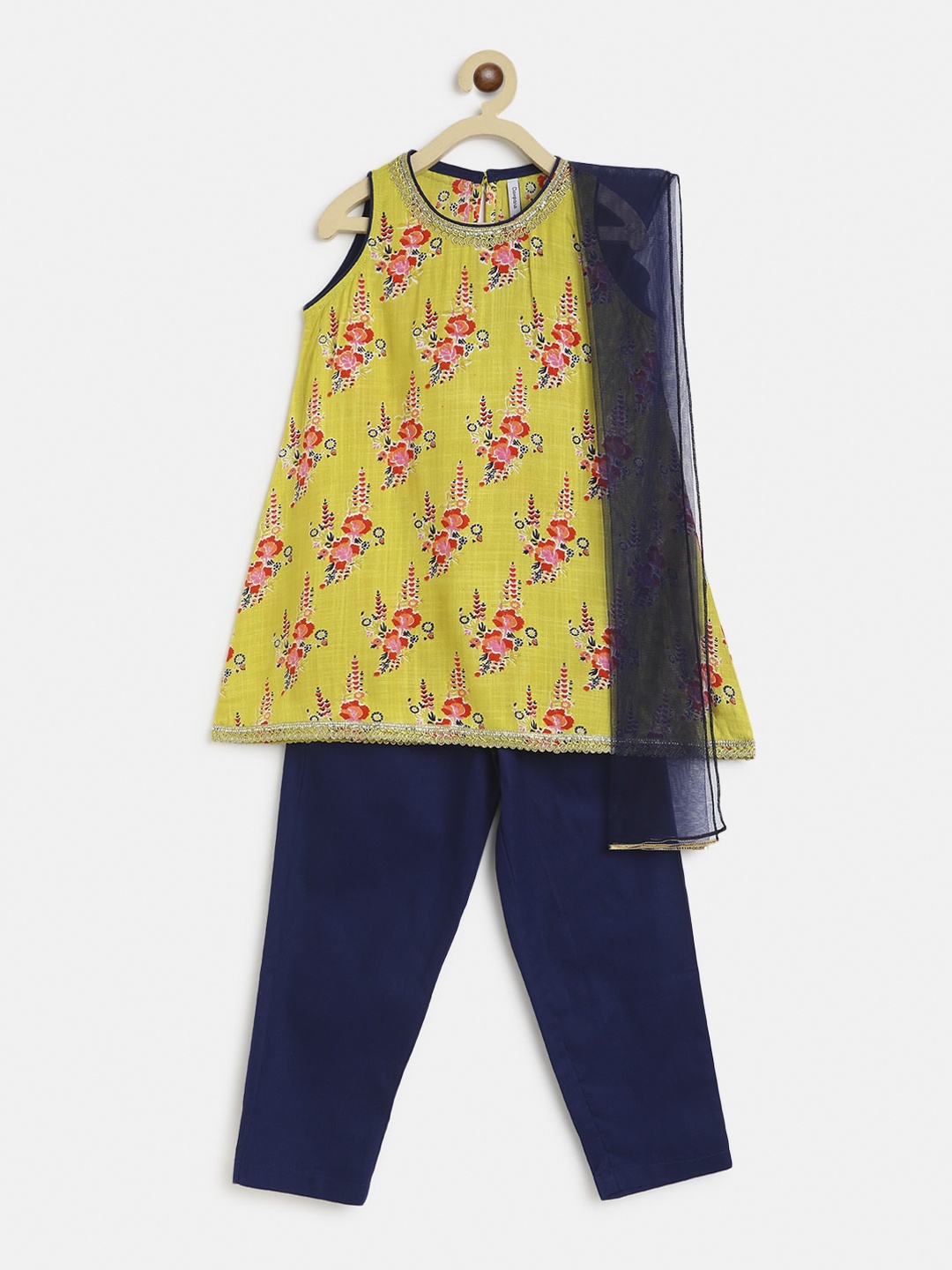 

Campana Girls Lime Green Printed Pleated Kurta with Trousers & With Dupatta