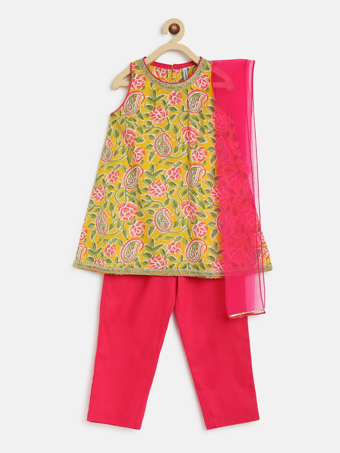 

Campana Girls Yellow Floral Printed Pleated Pure Cotton Kurta with Trousers & With Dupatta