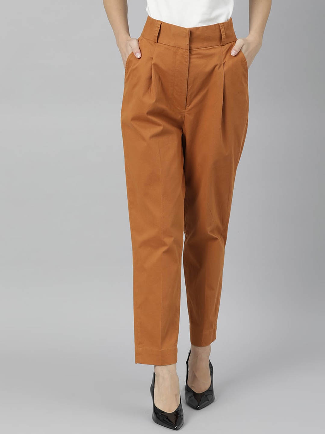 

RAREISM Women Camel Brown Straight Fit Pleated Trousers