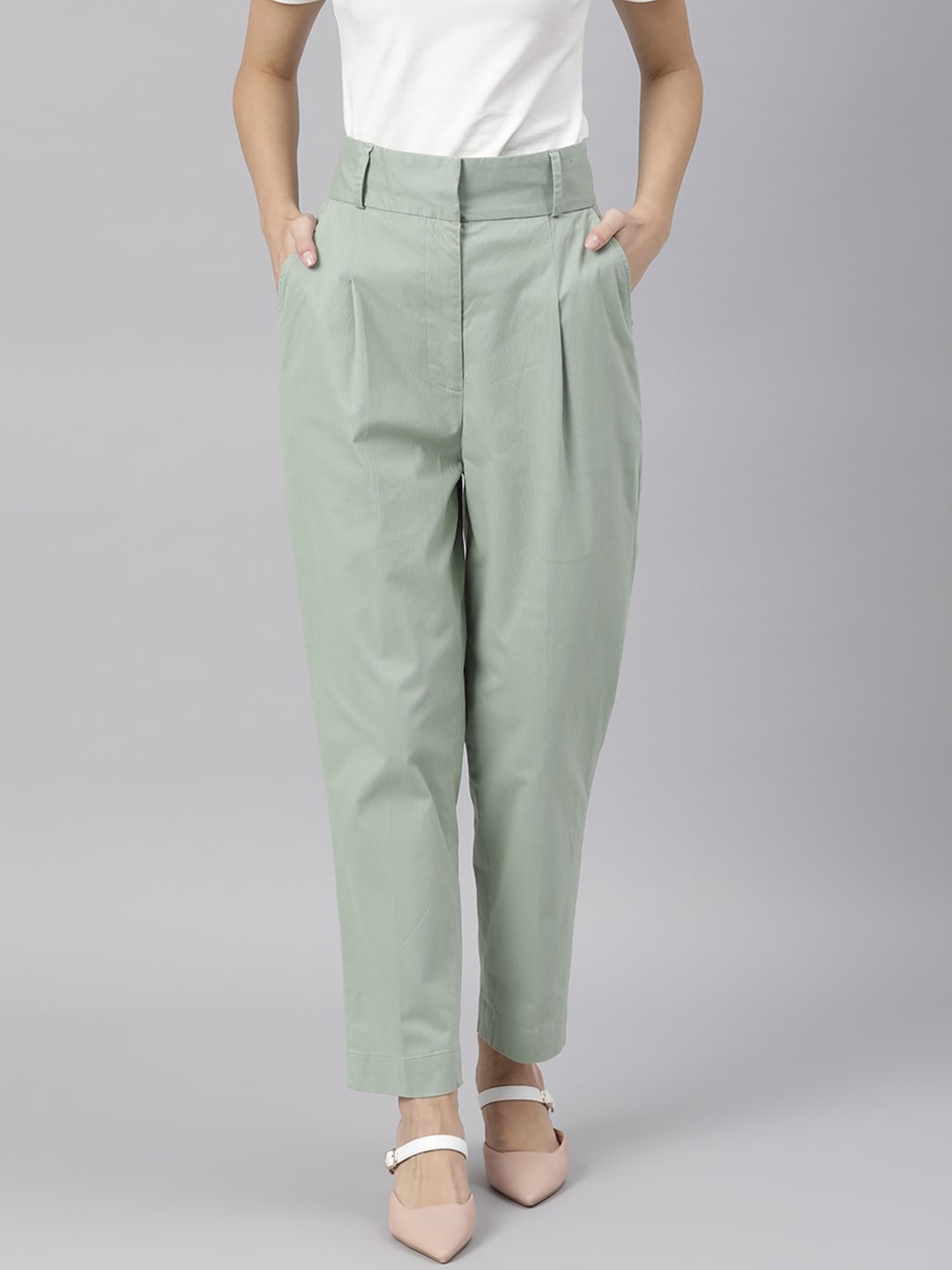 

RAREISM Women Green Straight Fit Pleated Trousers