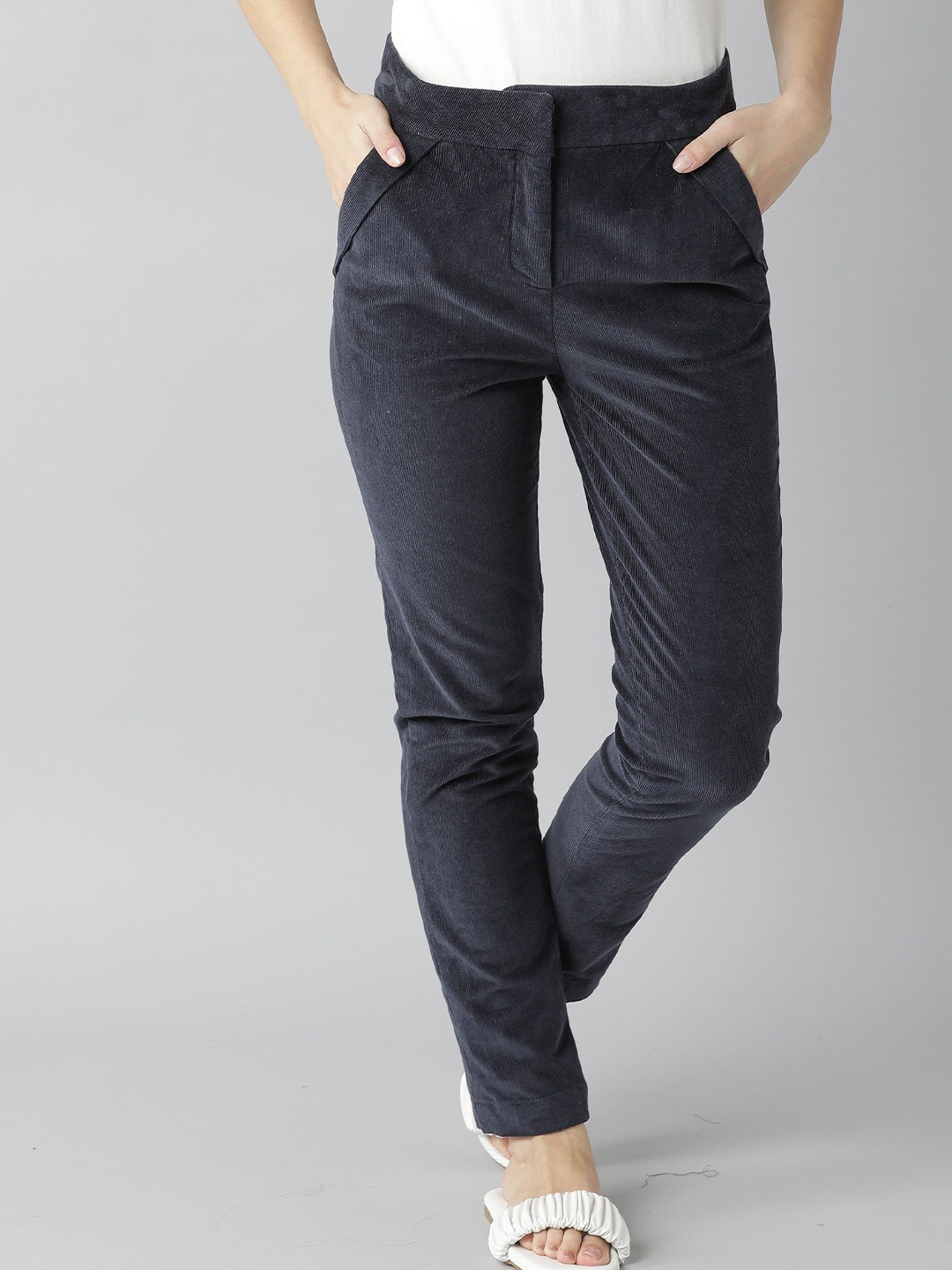 

RAREISM Women Navy Blue Tapered Fit Corduroy Trousers