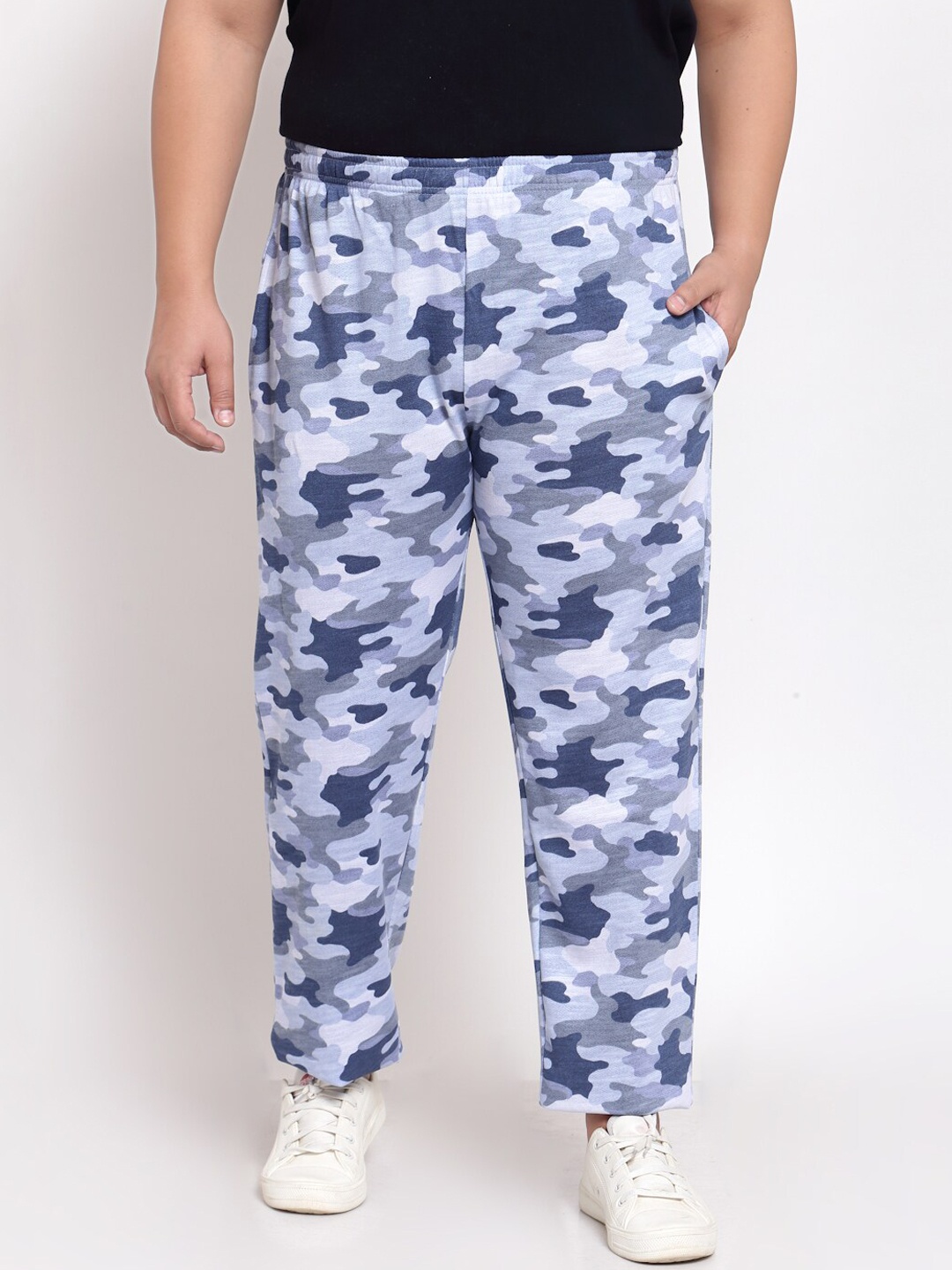 

plusS Men Blue & White Camouflage Printed Straight-Fit Cotton Track Pants