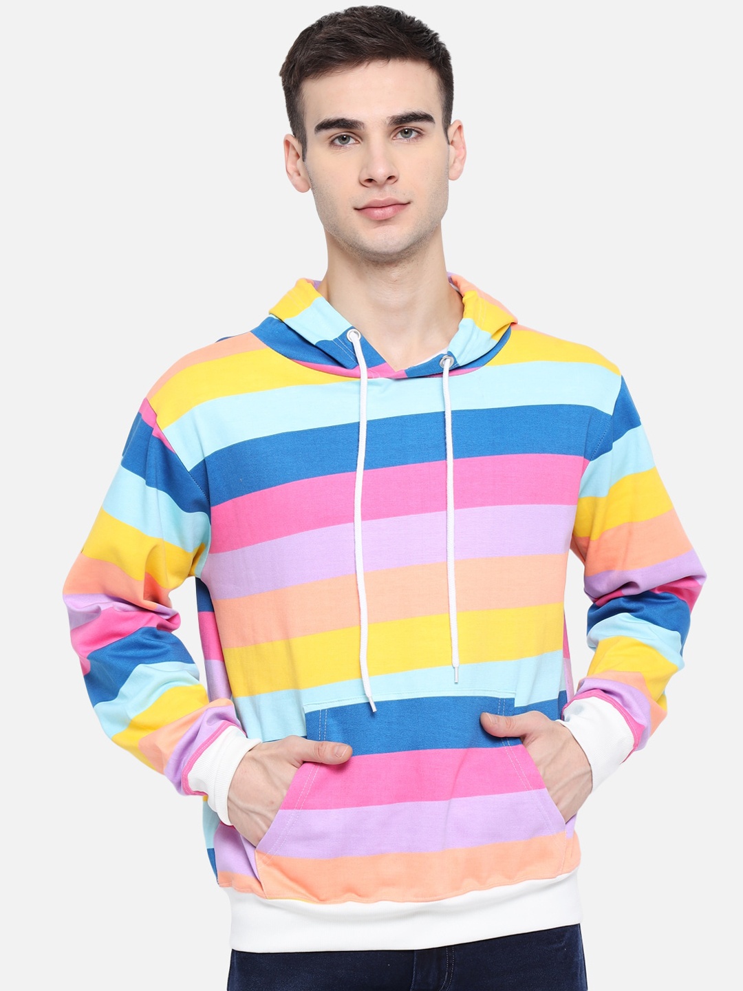 

The Dry State Men Multicoloured Striped Hooded Sweatshirt, Multi