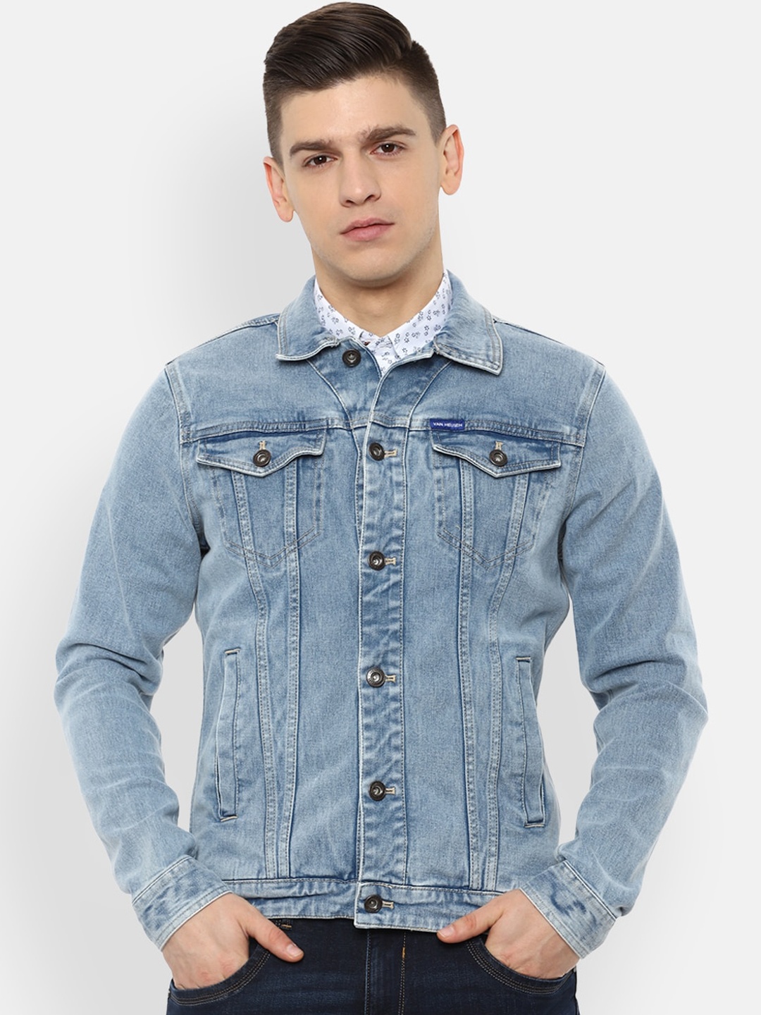 

VAN HEUSEN DENIM LABS Men Blue Washed Denim Jacket with Embroidered