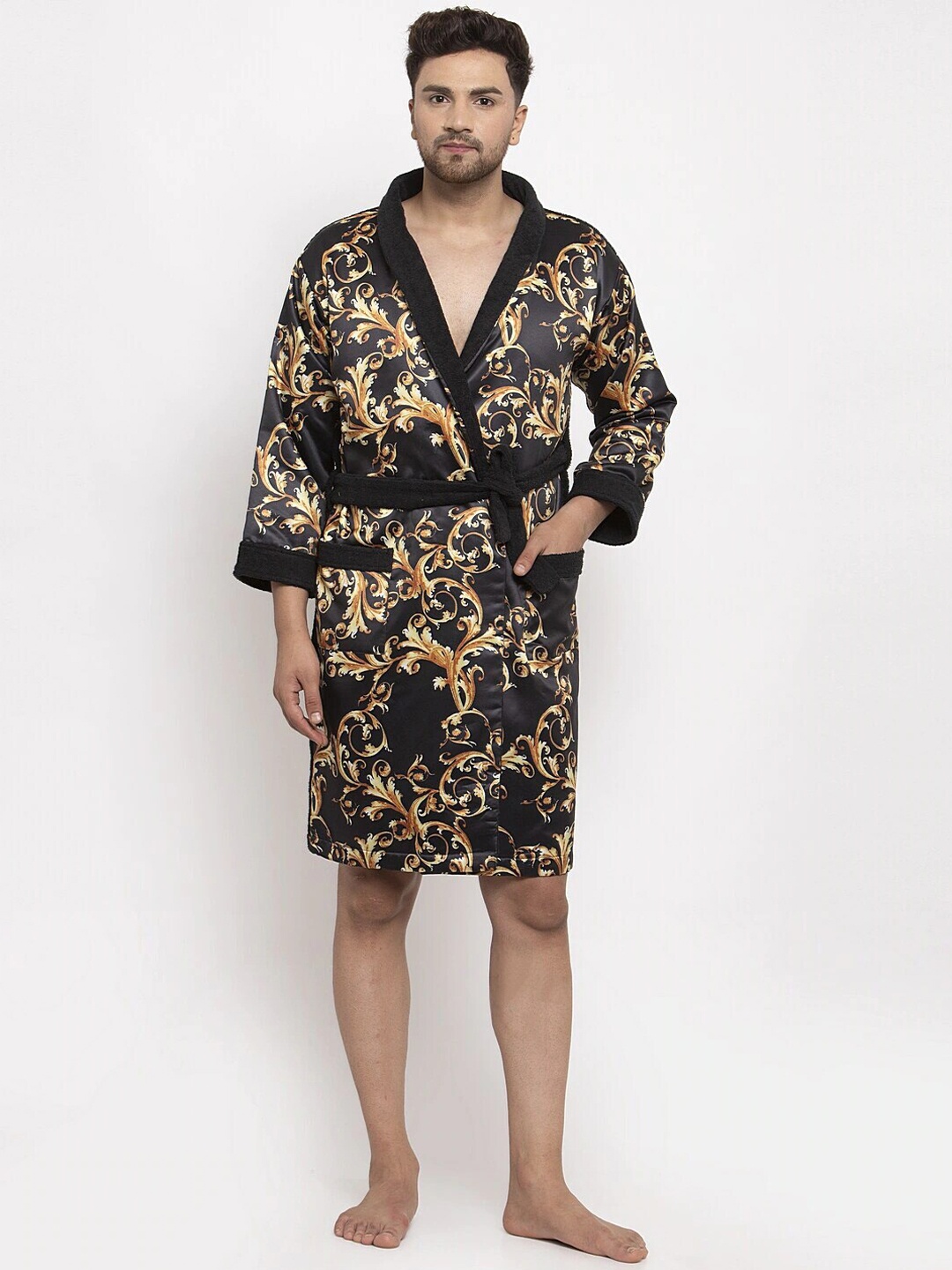 

DECOREALM Black & Yellow Printed Cotton Bath Robe