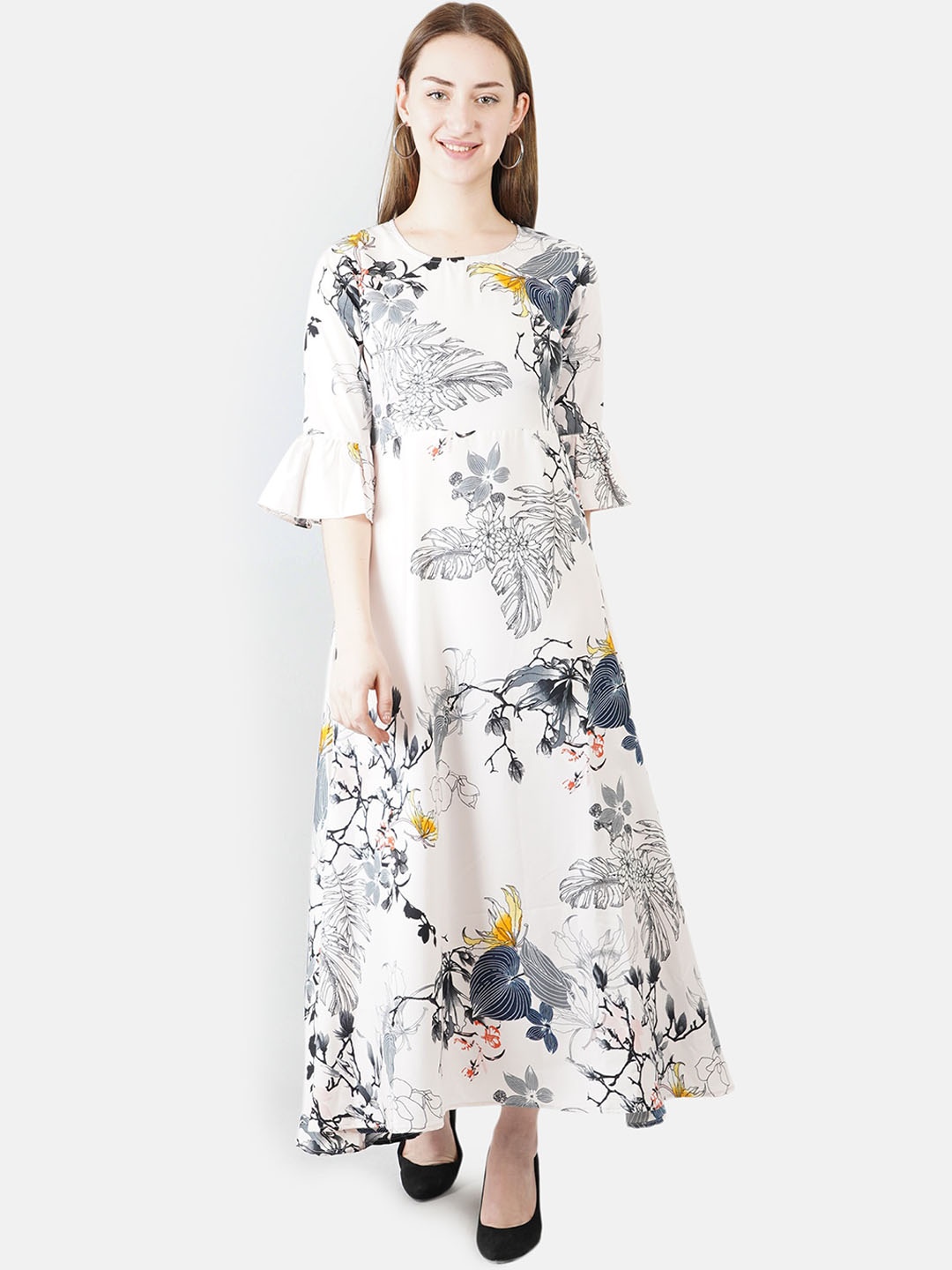 

Indietoga Off White & Navy Blue Floral Crepe Maxi Dress