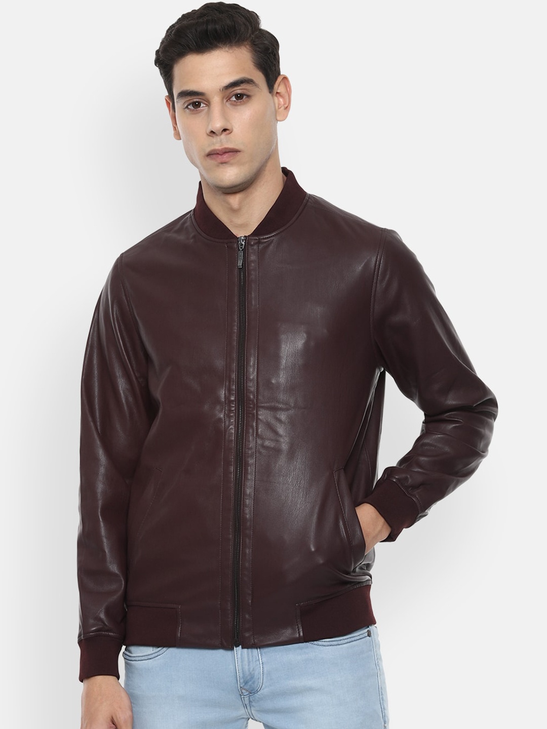 

V Dot Men Brown Solid Bomber Jacket