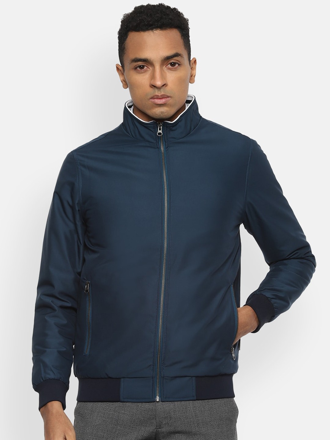 

Van Heusen Men Navy Blue Colourblocked Bomber Jacket